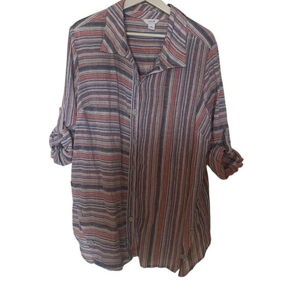 Intro. Linen blend button down blouse XL striped lagen look button sleeve - Picture 7 of 7